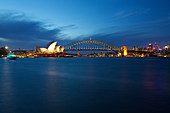 Opera House and Harbour Bridge from Mrs Macquarie's Chair at Dusk, Sydney, New South Wales, Australia, Oceania