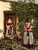 Welsh Spinners and Spinning Wheel, Wales, UK, Photochrome Print, circa 1900