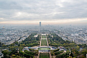 Aerial view of Paris taken from the Eiffel Tower on a cloudy day