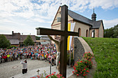 Participants of pilgrimage from Würzburg at Kloster Kreuzberg abbey