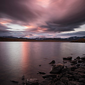 Sunset over lake Tärnasjön, near Tärnasjös hut, Kungsleden trail, Lapland, Sweden