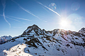 View from the mountain station on the 2Länder ski area in Oberstdorf with Alpine panorama, Oberstdorf, Allgaeu, Germany