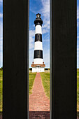 Black white striped lighthouse on the offshore island chain Outerbanks, Nags Head, Outer Banks, North Carolina, USA
