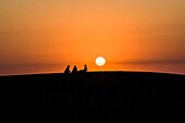 Eine Gruppe beim Sonnenuntergang als Schattenriss vor dem Sonnenball auf der größten Sanddüne der Ostküste, Nags Head, Outer Banks, North Carolina, USA