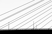 Die fächerförmigen Abspannungen, Geländer und Beleuchtung, der in Stahl ausgeführten Schrägseilbrücke Köhlbrandbrücke als Silhouette, Hamburg, Deutschland
