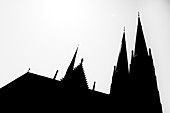 Silhouette, Saint Ludgerus cathedral in Billerbeck, neo-Gothic Catholic pilgrimage church, diocese Münster, Billerbeck, North Rhine-Westphalia, Germany