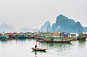 Colorful fishing boats in the harbor at Cai Rong, Quang Ninh Province, Vietnam