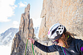 Caroline Ciavaldni, a French climber, in the beautiful Grand Capucin, Mont-Blanc massif.