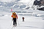The team carries a cache past the ice fall to 11,000-feet on a ski ascent of  Mount Sanford Sheep Glacier Route in the Wrangell-St. Elias National Park outside of Glennallen, Alaska June 2011.  Mount Sanford at 16,237 feet is the sixth tallest mountain in