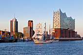 Segelschiff Artemis vor der Elbphilharmonie, Hamburg, Deutschland