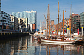 Museum ships in the Harbour, view to the Elbphilharmonie, Hamburg, Germany