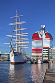 Tall Ship Viking and tower building Skanskaskrapan in the harbour Lilla Brommen, Gothenburg, Bohuslän,  Götaland, Västra Götalands län, South Sweden, Sweden, Scandinavia, Northern Europe, Europe