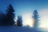 Tief winterliche Landschaft im letzten Tageslicht, Villnöss, Dolomiten, Unesco Weltkulturerbe, Italien