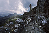 'Via ferrata leading to Paternkofel, The long rock on the right is called ''Frankfurter Wuerstl'', Sexten Dolomites, Unesco world heritage, Italy, '