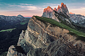 Seceda and Geisler Group seen in the last light of the day, Dolomites, Unesco world heritage, South Tyrol, Italy