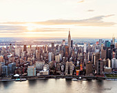 Aerial view of New York City skyline and sunset, New York, United States