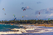 Kiteboaders, Cabarete beach, North Coast, Dominican Republic, Antilles, Caribbean