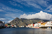 Overlooking the harbor of Henningsvaer with mountains in the background, Lofoten, Nordland, Norway, Scandinavia