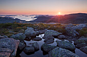 View from the Hengjanfjell to the sea of Stavanger bay in the sunset, Rogaland, Norway, Scandinavia