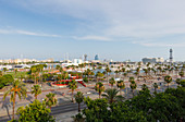 Blick über Passeig Colom und Hafen, Hafenpromenade, Blick aus einem Zimmer des Hotel the Serras, Barcelona, Katalonien, Spanien, Europa