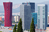 Hotel Porta Fira (l.), moderne Architektur,  Hospitalet de Llobregat, Architekt Toyo Ito, vom Berg Montjuic, Barcelona, Katalonien, Spanien, Europa