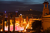 Font magica de Montjuic, fountain, light show, constructed by Carles Buigas for the World Exposition 1929, Placa de Espanya y Tibidabo mountain, Barcelona, Catalunya, Catalonia, Spain, Europe