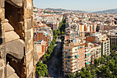 view from a tower of La Sagrada Familia, church, cathedral, architect Antonio Gaudi, modernisme, Art Nouveau, city district Eixample, Barcelona, Catalunya, Catalonia, Spain, Europe