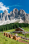 Funes Valley, Dolomites, South Tyrol, Italy.The mountain cinema near Refuge delle OdleGeisleralm with the peaks of the Odle