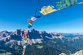 Funes Valley, Dolomites, South Tyrol, Italy. On the top of Monte Tulla with the peaks of Odle in the background