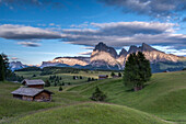 Alpe di SiusiSeiser Alm, Dolomites, South Tyrol, Italy. The last rays of sun at the Alpe di SiusiSeiser Alm. In the background the peaks of Sella, SassolungoLangkofel and SassopiattoPlattkofel