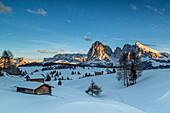 Alpe di SiusiSeiser Alm, Dolomites, South Tyrol, Italy. Sunset on the Alpe di Siusi  Seiser Alm with the peaks of Sassolungo  Langkofel and Sassopiatto  Plattkofel