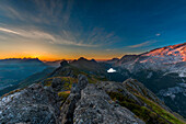 Dolomites, Trentino, Veneto, Europe, Italy. Sunrise towards Marmolada and Fedaia pass