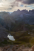 Puez-Odle Group with Crespeina Lake, Dolomites, South Tyrol, Italy.