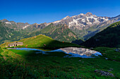 Monte Rosa reflecting in the Alpe Campo Lake, valle d'Aosta, Italy