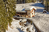 Sappada in winter. An old saw mill powered by the waters of the Piave near Cima Sappada. Belluno, Vento, Italy