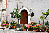 A entry door is decorated with flowers in Roccacasale