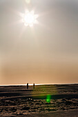 Ein Pärchen am weitläufigen Sandstrand im Gegenlicht der Sonne, Amrum, Schleswig Holstein, Deutschland