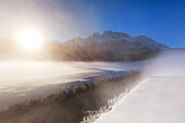 View over the Krepbach rivulet to Zugspitz range with Alpspitze, Waxenstein and Zugspitze, near Garmisch-Partenkirchen, Bavaria, Germany