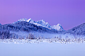 View to Zugspitz range with Alpspitze, Zugspitze and Waxenstein, Bavaria, Germany