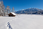 Heustadel in Winterlandschaft am Barmsee, Blick auf die Soierngruppe, Bayern, Deutschland