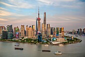 China, Shanghai City, Pudong Skyline, ,Oriental Pearl, World Financial Center and Shanghai Towers, Huangpu River.