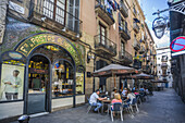 Spain , Barcelona City , Catalunya, Cafe terrace at Old town off the Ramblas.