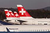 Swiss tails of jets at Zurich Airport (Kloten Airport), Switzerland