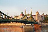 View at the bridge Freiheitsbrücke (Szabadsag hid) and to Gellért Baths and Hotel , Budapest , River Danube , Hungary , Europe