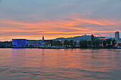 Sunset at Ars Electronica Center and parish church St. Josef at Linz Urfahr , Linz on the river Danube , Oberösterreich , Upper Austria , Austria , Europe