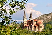 Basilica of Santa Maria la Real, religious Catholic cult temple designed by Roberto Frassinelli and built between 1877 and 1901 by architect Federico Soriano and Aparicio, Neo-Romanesque, built entirely of pink limestone. Covadonga, Asturias, Spain