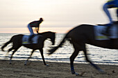 Riding towards the starting gate during the famous horse races of Sanlúcar de Barrameda which take place every year during August along a 1.800m stretch of beach at the mouth of the River Guadalquivir. This tradition dates back to 1845. Cádiz province, An