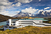 Chile, Magallanes Region, Torres del Paine National Park, Lago Pehoe, Explora Hotel, morning.