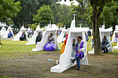 Vocations event where hundreds of catholic missionary organizations from around the world had set up stands in tents to show their wares and interest the the youth. It rained all day...confessionals en masse.