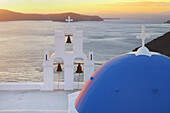 Blue domes of church in Firostefani village, Santorini, Aegean Island, Cyclades Island, Greek Islands, Greece, Europe.